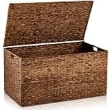 Wonderjune Water Hyacinth Wicker Storage Trunk with Metal Frame Heavy Duty Storage Chest with Lid Large Rattan Basket for Blankets Seasonal Clothes Bedding (Dark Brown,36 x 20 x 18.5'',Flat Lid)