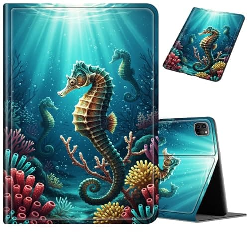 Case for iPad Air 13 Inch (M4 2026/M3 2025/M2) & iPad Pro 12.9 (4th/3rd Gen), Shockproof Protection PU Leather Folio Stand Cover, Auto Sleep/Wake Smart Case for Kids, Sea Horse Coral Reef