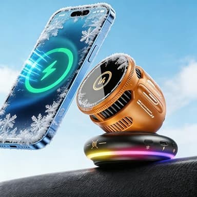 Wireless Car Charger, [Phone Cooling Fan＆RGB Lights] 15W Car Mount Charger, 360°Rotation Magnetic Phone Holder for iPhone 17/16/15/14/13/12(Orange)