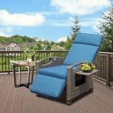 Outdoor Recliner Chair, Patio Recliner with Hand Woven Wicker, Flip Table Push Back, Adjustable Angle, Thickness Cushions, Reclining Lounge Chair for Indoor and Outdoor, Navy Blue