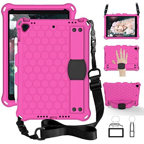 Honeycomb Structure Protective Case for iPad mini 1/2/3/4/5 Gen 7.9-inch, Shockproof,2 Pieces Screen Protectors,Equipped with Pencil Holder [Shoulder Strap] and Stand (Rosered+Black,Case)