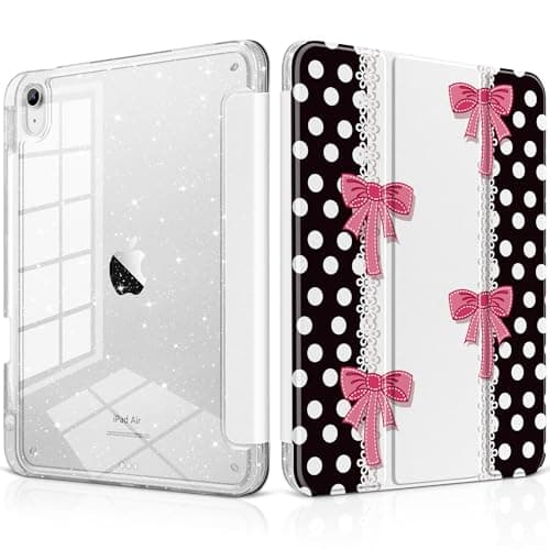 MEEgoodo Case for iPad Air 13 inch 2026(M4) / 2025(M3) / 2024(M2), Glitter Tablet Cases with Transparent Acrylic Back+Trifold Stand +Pencil Holder+Auto Wake/Sleep,Dots with Pink Bows