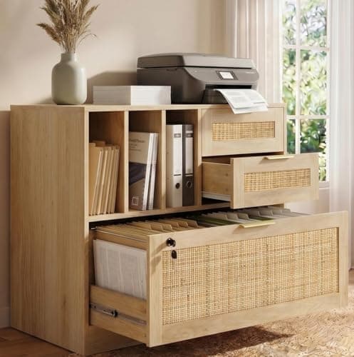 HOPUBUY 3 Drawer File Cabinet with Lock, Wood Rattan Lateral Filing Cabinet for Home Office, Printer Stand with 3 Open Shelves for Letter/Legal/A4/F4 Size, Adjustable Hanging Bars, Natural Wood