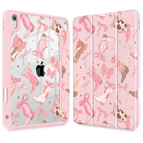 ICEKEE Case for iPad Air 13-inch M4/M3/M2 (2026/2025/2024), with [Built-in Pencil Holder] Shockproof Cover with Clear Transparent Back Shell & Auto Wake/Sleep - Pink Cowgirl Boots