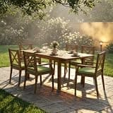 Hassyee 7 Pieces Acacia Wood Outdoor Dining Set with 6 Dining Chairs and 1 Extendable Table for Poolside, Garden, Patio Furniture Set with Timeless Rustic Elegance for Lawn, Backyard (Green)