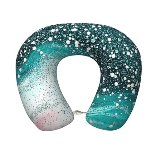 OSAM SPACE Teal Glitter Marble Travel Neck Pillow for Sleeping Neck Support Memory Foam Airplane Pillow U Shaped Pain Relief Pillows for Flight Train Car Office