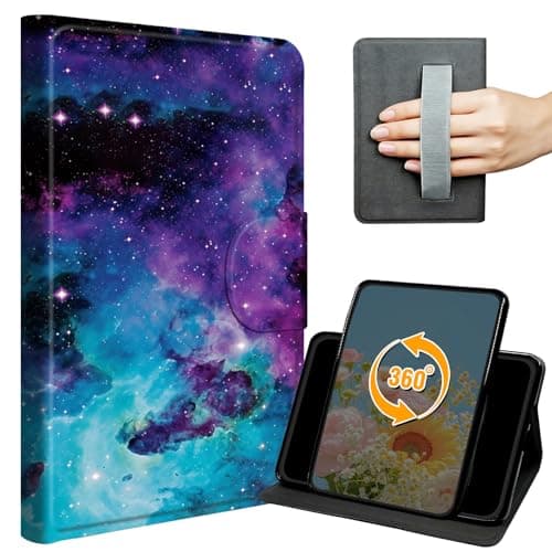 Case for Fire HD 10 Tablet (9th/7th/5th Generation, 2019/2017/2015 Release) Slim PU Leather 360 Degree Rotating Adjustable Stand Smart Cover with Hand Strap, Auto Wake/Sleep,Purple Galaxy