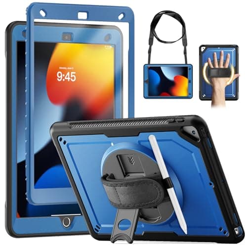 KAIJIAbox Case for iPad 9th/ 8th/ 7th Generation 10.2 Inch, Full-Body Shockproof Case with Screen Protector, 360° Rotating Hand Strap & Stand, Shoulder Strap for iPad 10.2" 2021/2010/2019, Navy Blue