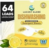 Lucent Globe Dishwasher Dishwashing Detergent Sheets, Dish Soap & Dishwasher Tablets Alternative. Plant-Based, Eco-Friendly, Fully Biodegradable, Lemon Scent (1 Pack of 64 Washes)