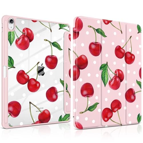 TWOLSKOO Hybrid Slim Case for iPad Air 13-inch (M4 2026 / M3 2025 / M2 2024) - Built-in Pencil Holder, Shockproof Cover, Clear Transparent Back Shell, Lightweight Protective Case, Cherries