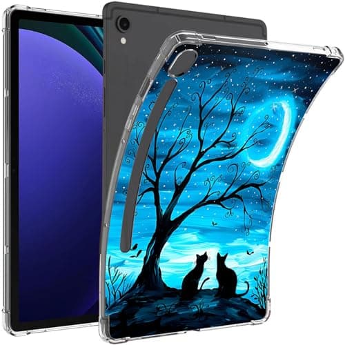 Qindaiwen Designed for Samsung Galaxy Tab S9 11" Case, Anti-Yellowing Transparent Soft Flexible TPU Silicone Shockproof Bumper Back Cover for Galaxy Tab S9 SM-X710 / X716, Two Cats Moon