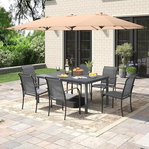 ARKOST 8 Pieces Outdoor Dining Set, Stackable Textilene Paito Chairs & 63" Rectangle Dining Table with Umbrella, Patio Dining Set for Backyard, Deck, Garden, Grey & Dark Grey