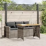 NKOPPFG 2 Piece Gray Poly Rattan Patio Dining Set with Cushions and Acacia Wood Tabletop