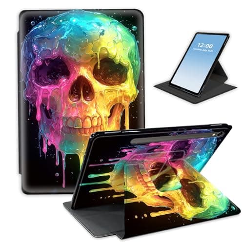 HGGJFLYX Case for Samsung Galaxy Tab S9 2023 Tablet,360 Degree Rotating Multi-Angle Viewing Stand Fold Leather Tablet Cover for Tab S9/S9 FE/S10 FE,Auto Sleep/Wake,Neon Melting Skull