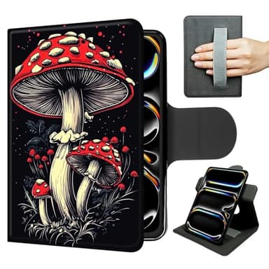 PU Leather Case for iPad Pro 12.9 Inch 6th/5th/4th Gen（2022/2021/2020 – Slim 360° Rotating Stand with Hand Strap, Auto Sleep/Wake, Magnetic Closure,Vintage Red Mushrooms