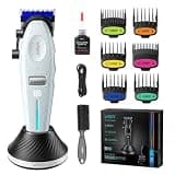 VGR 887C Professional Hair Clippers for Men, 6-Speed Cordless Hair Clipper, Barber Clippers with Blue Ceramic Metal Blades & Charging Base, Mens Clipper with Left/Right Taper Lever, White