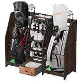 Ponsonbay Golf Bag Storage Organizer for Garage, Premium Wooden 2 Golf Bags Rack with Drawer, Easy Assemble Golf Club Stand/Holder Suitable for Garage Home Simulator and Office