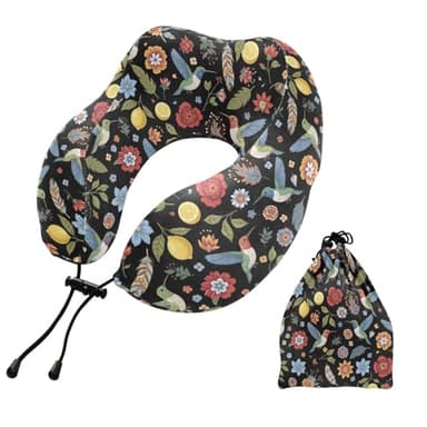 Flowers Hummingbirds Black Print Travel Neck Pillow for Sleeping Airplane Memory Foam Neck Support Pillow with Storage Bag Sleeper Hold Pillow for Office Home Car Train Bus Long Flight Adults Kids