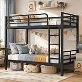 Firscook Bunk Bed Twin XL Over Twin XL, Heavy Duty Metal Twin Bunk Beds for Teens and Adults, Noise-Free Design Bunkbeds with Ladder, Guardrail for Bedroom, Dorms and Apartment, Black