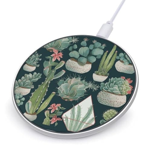 Succulent Plants and Cactus Wireless Charger Aluminum Alloy Frame 10W Fast Charging Pad with Indicator Light 6mm Thin & Portable Wireless Charging Pad for Travel Home Office Desk