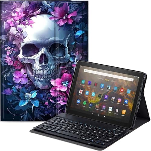 Qindaiwen Keyboard Case for All-New Amazon Fire HD 8/8 Plus (12th Generation/10th Generation, 2024/2022/2020 Release), PU Leather Stand Cover with Detachable Bluetooth Keyboard, Skull Flowers