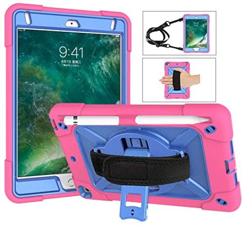 QYiD Tablet Case for iPad Mini 5 / 5th / 4th Generation Rugged Protective Cover with Pen Slot, Hand Strap & Shoulder Strap for Apple iPad Mini (2019) 7.9" / Apple iPad Mini 4 (2015) (Rosered+Blue)