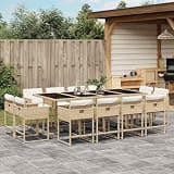 NKOPPFG 13 Piece Patio Dining Set with Cushions, Beige Poly Rattan Outdoor Dining Set with Tempered Glass Tabletop and Foldable Chairs
