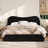 Christopher Knight Home Hany Boucle Upholstered Queen Bed Frame with Headboard, Platform Queen Size Bed Frame With Curved Headboard, Queen Bedframe with Wooden Slat Support, No Box Spring Needed,Black