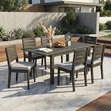 Hassyee 7-Piece Outdoor Dining Set with Expandable Dining Table and Slatted Dining Chairs for Poolside, Lawn, Patio Furniture Set with Umbrella Hole andThick Cushions for Garden, Backyard