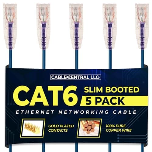 Cable Central LLC Slim Cat6 Ethernet Networking Patch Cable, 7 Feet, Blue, 5 Pack, 10 Gbps Speed, RJ45 Connector M/M Pure Copper Internet Wire, Gold Plated Contacts