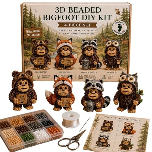 3D Beaded Bigfoot DIY Kit - Tiny 3D Beaded Animal Kit with 4 Unique Characters | Complete Beaded Animal Kit with Animal Beads | Relaxing Craft Gift for Beginners and Adults (#A)