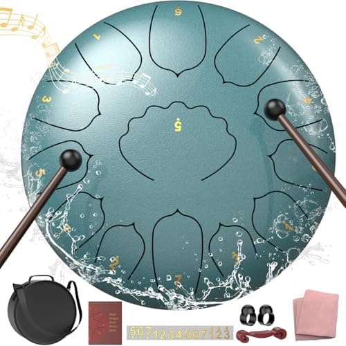 D Major Steel Tongue Drum Handpan, 12 Inch 13 Note Rain Drum for Garden Outside, Meditation Rain Chime, Musical Percussion Instrument for Adult Gift with Bag, Music Book, Drum Mallets (Moss Blue)