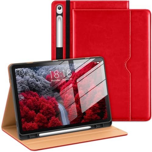 DTTO Leather Case for Samsung Galaxy Tab S10 Lite / S10 FE / S9 FE 10.9-Inch with S Pen Holder, Folio Stand Cover with Hand Strap & Pocket, Multi-Angle Viewing, Auto Wake/Sleep, Bright Red