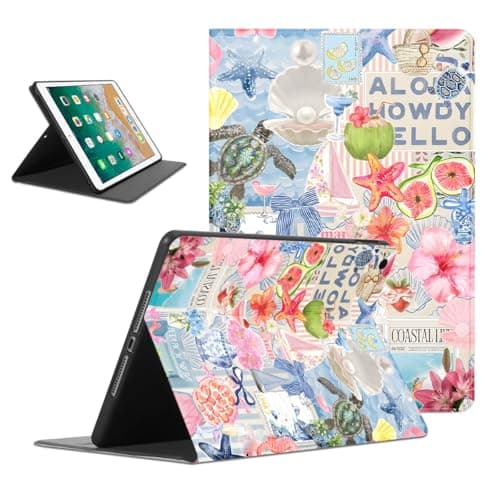 Mrtponk Aesthetic Summer Italian Collage Ocean Coastal Tablet Case for iPad 6th/5th Gen 2018/2017 9.7", Cute Flower Bow Sea Turtle Starfish Pattern Cover for Girls Women, Soft TPU Protective PU Cases