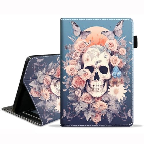 FQTBCEARI Designed Case for All-New Amazon Kindle Fire 7 Tablet (7", 12th Generation, 2022 Release), Slim PU Leather Cover with Card Slot & Auto Wake/Sleep, Skull Rose Butterfly