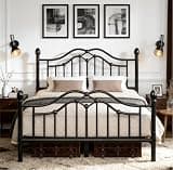 E-Ser Queen Size Metal Bed Frame, Candlestick-Style Headboard and Footboard, Heavy Duty Metal Slats with Spacious Under-Bed Storage, No Box Spring Needed，Easy Assembly，Noise Free, Black