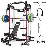 Mikolo Power Cage, 2000LB Power Rack with Independent Dual Pulley System, Multi-Function Home Gym Workout Machine for Cable Crossover and Squat(Red Package)
