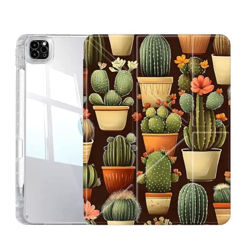 Case for iPad Pro 13 Inch (M5/M4) 2025/2024, Slim Clear Case with Pencil Holder, Multi-Angles Folding Y-Shaped Stand Cover, Cactus Plant