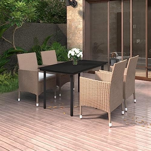 HETFTJN 5-Piece Patio Dining Set with Cushions PE Rattan Glass Table Outdoor Furniture for Balcony Porch Backyard Beige Cream White Black