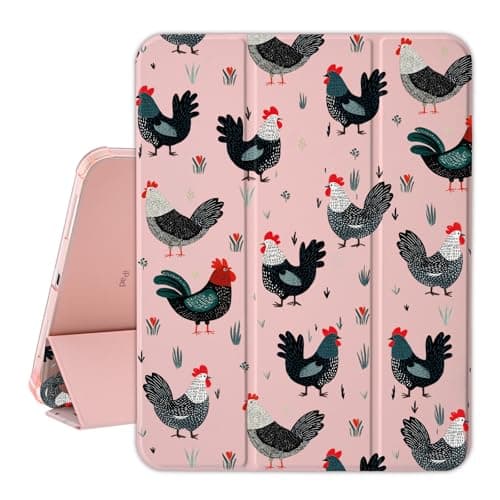 Idocolors Cute Case for 11-Inch iPad Air 2025 M3/iPad Air 2024 M2, Built-in Pencil Holder with Auto Wake/Sleep, Soft TPU Dull Polish Back Shell for Women, Rooster/Pink