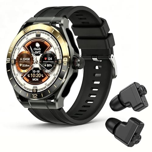 Desong 2 in 1 Smart Watch with Earbuds, Bluetooth Calling,1.52" Round Screen,Ultra-Thin Metal Body,Fitness Tracker with Step Counter,HiFi Stereo Sound,Smartwatch for Android iOS