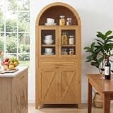 Elyveont 71" Tall Arched Cabinet with Glass Doors, 6-Tier Farmhouse Bookshelf Display Shelves Kitchen Pantry Cabinet with Adjustable Shelves & Drawer, Wooden Bookcase for Kitchen, Dining Room (Oak)