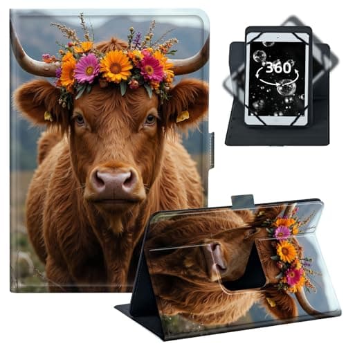 BREIDMKFM Tablet Case for Fire HD 8/iPad mini 6 - Universal 7-9 Inch Lightweight Leather Folio with 360 Rotating Stand,Fit for Galaxy Tab A 8.4/Fire 7/Lenovo Tab M8,﻿Cute Highland Cow