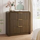 31.5" Wide Oversized Fluted Nightstand, Curved Profile Design, Modern Beside Table with 3 Large Storage Drawers, End Table for Bedroom (Walnut)