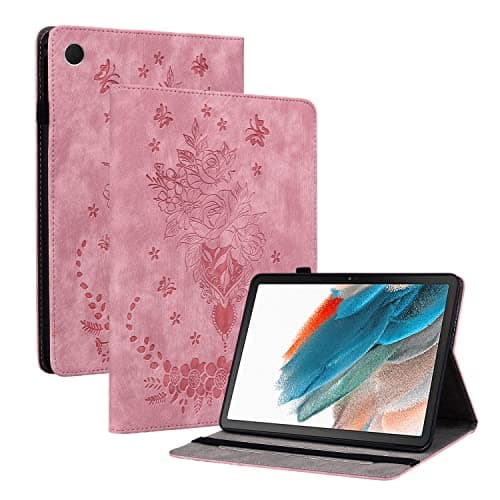 Embossed Floral Leather Flip Case for Samsung Galaxy Tab A9, 8.7", Adjustable Stand, Card Slots, TPU Back Cover Pink