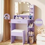 wanan Makeup Vanity with Chair, Small Vanity Desk with Mirror and Lights 3 Colors, Girls Vanity Set with Power Outlet, Compact Vanity Table for Small Space, Purple