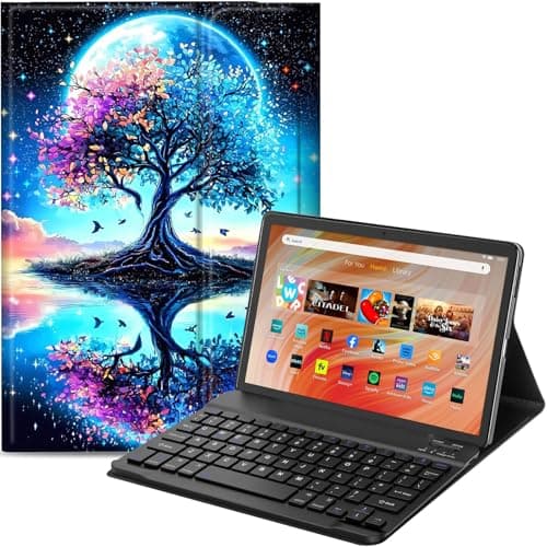 Qindaiwen Keyboard Case for Amazon Fire HD 10 Tablet (13th/11th Generation,2023/2021 Release) 10.1", PU Leather Stand Cover with Detachable Bluetooth Keyboard, Blue Tree