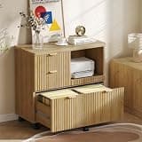 Bestier 3 Drawer File Cabinet, Decorative Fluted Wood Lateral Filing Cabinet with Caster for Home Office, Fits for A4/Letter/Legal-Sized Files, Printer Stand with Open Storage Shelves, Oak