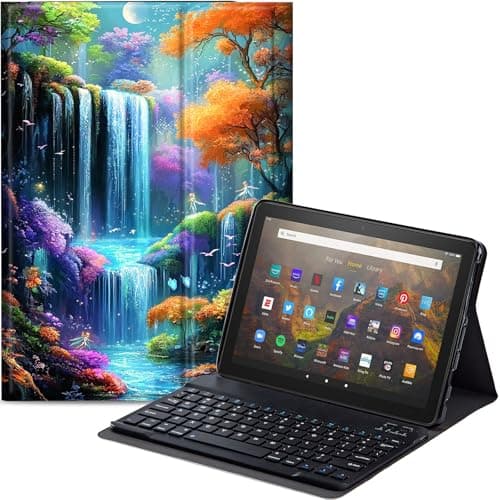 Qindaiwen Keyboard Case for All-New Amazon Fire HD 8/8 Plus (12th Generation/10th Generation, 2024/2022/2020 Release), PU Leather Stand Cover with Detachable Bluetooth Keyboard, Fantasy Forest