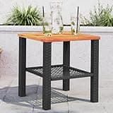 KLGBNCVE Black Patio Table 15.7x15.7x16.5 Inch Small Garden Table with PE Rattan and Acacia Wood Top